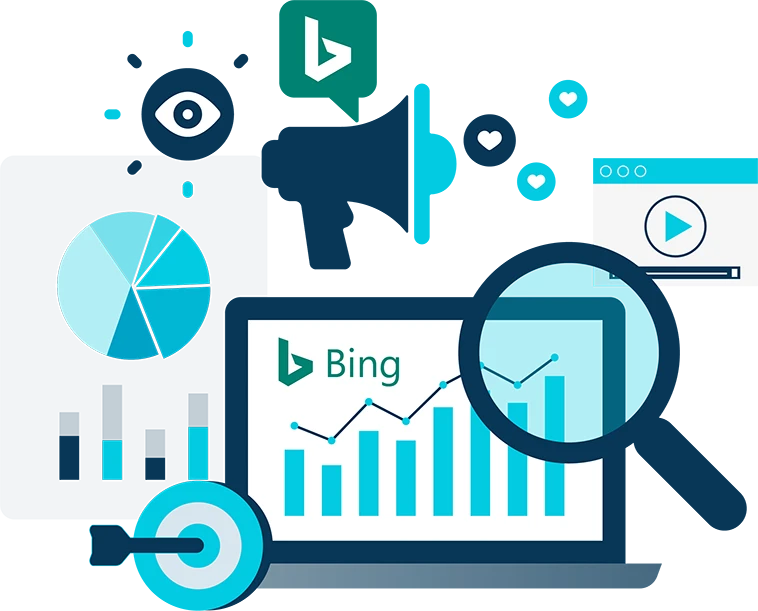 The Australian Bing Ads campaign process shows with pictures of a computer, megaphone, charts, a magnifying glass, target, and the Bing logo.