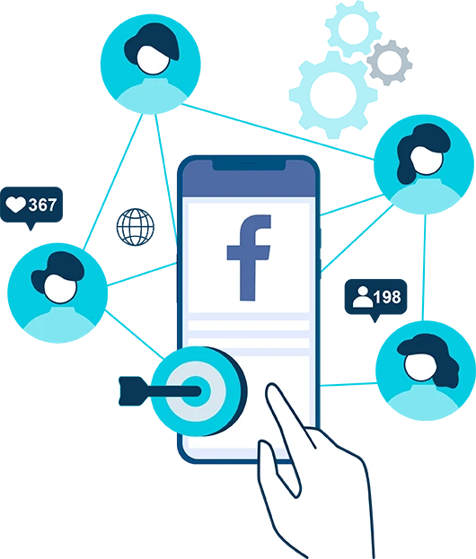 Person pointing to a phone with the Facebook logo on screen, surrounded by icons of people connected to each other representing the Australian Facebook ads agency process.