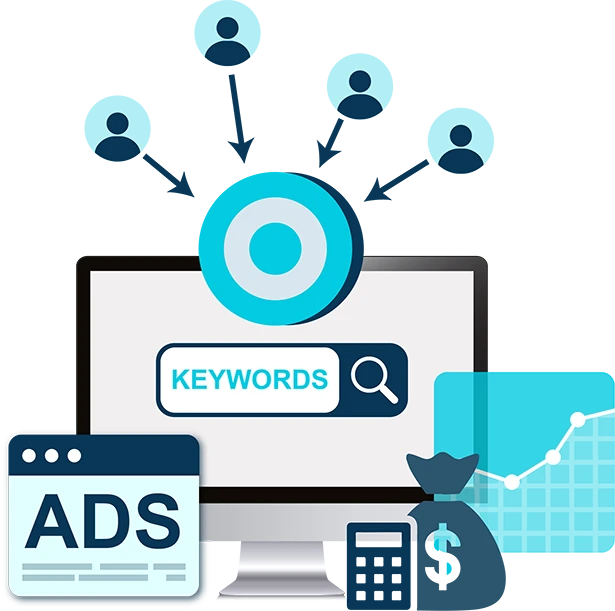 Picture representing how our Google Ads Agency would build an Australian Google Ads campaign, with a computer, moneybag, calendar, calculator, graph, and logos of people pointing towards a target.