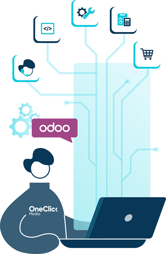 Australian Odoo developer working on a laptop with various e-commerce logos branching off the screen.
