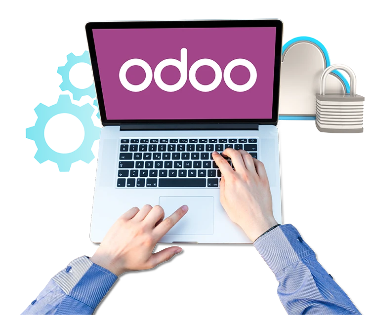 Australian Odoo managed hosting developer working on a laptop with the Odoo logo on screen.