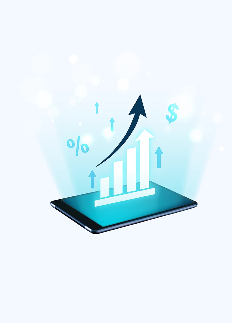 A phone with a virtual ascending bar graph and arrow pointing up on top of the screen, representing e-commerce business growth with professional Australian Shopify development.