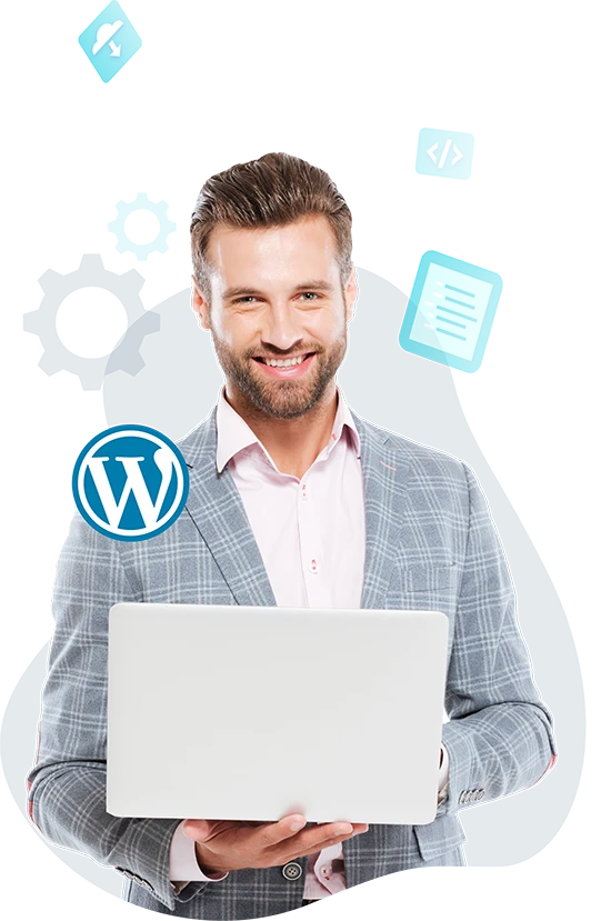 Smiling man holding a laptop as he develops websites for WordPress.