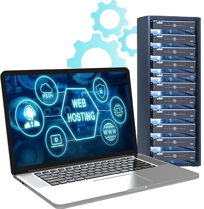 Laptop showing Australian business website managed hosting symbols next to a computer server.