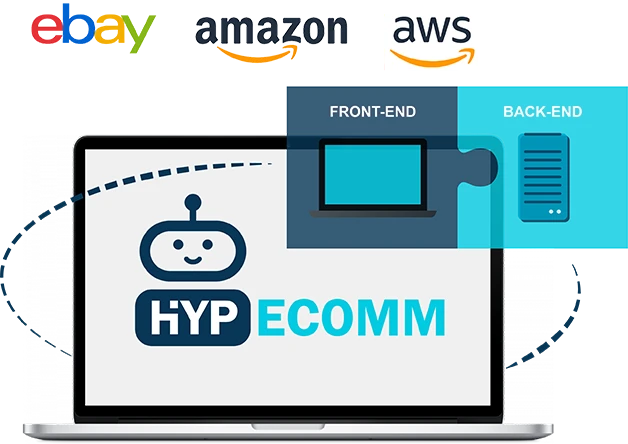 Laptop screen showing the Australian e-commerce solutions Hyp-ecomm logo along with a graphic showcasing the front-end to back-end capability and logos for ebay, Amazon, and AWS.