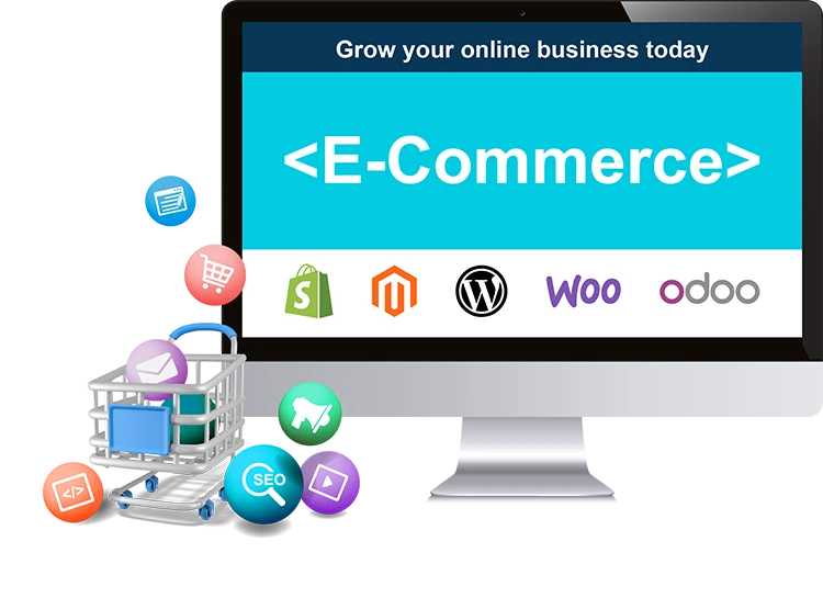 Computer and shopping trolley with popular platform logos for Australian e-commerce businesses.