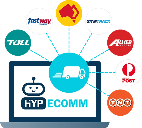 Hyp-ecomm logo shown on a laptop with a delivery truck surrounded by logos of popular carriers used by Australian e-commerce businesses.
