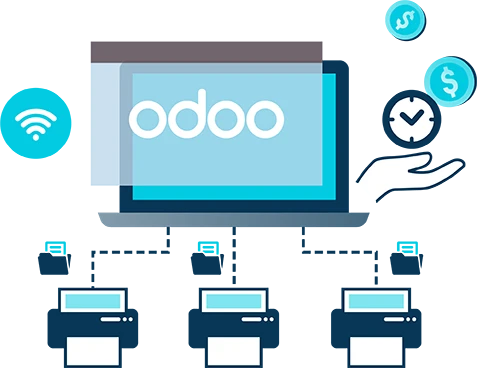Laptop showing the logo for Australian e-commerce platform Odoo connected to three printers.