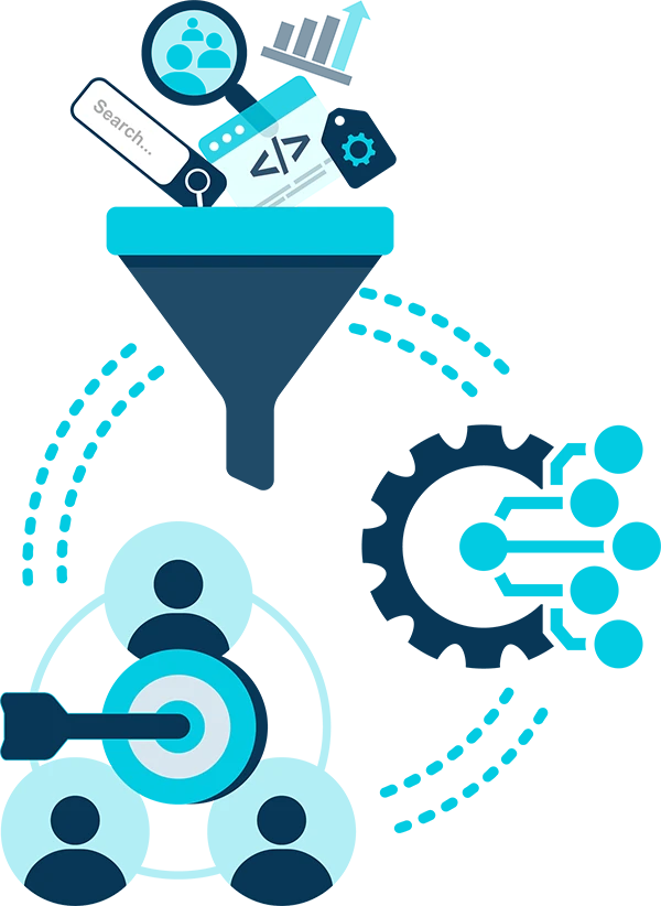 The Australian search engine optimisation process represented by a cycle showing various SEO concepts being thrown into a mixer and targeted towards an audience.