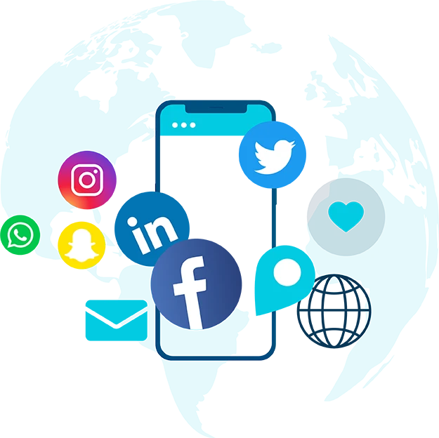 Logos of popular Australian social media platforms in front of a phone in front of an image of the world.