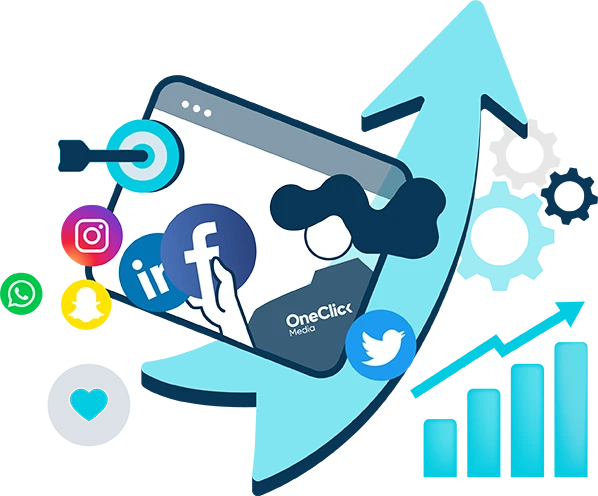 Australian social media marketing services represented by images of a social media platform logos, a tablet, a One Click Media marketer, a chart, and a giant arrow pointing upwards.