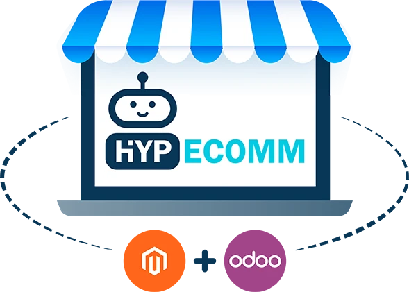 Hyp-ecomm, the Australian solution for e-commerce businesses, logo shown on a laptop screen with Magento and Odoo logos underneath.