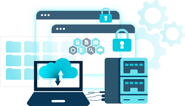 Australian website hosting services represented by a laptop, a computer server, and virtual screens displaying servers, padlocks, and various computer icons.