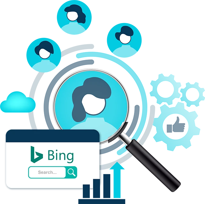 Magnifying glass zooming in on a person above a graph and virtual computer screen showing the Bing search engine.