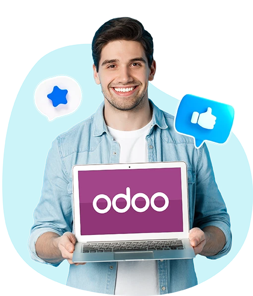 Brisbane Odoo managed hosting developer holding a laptop with the Odoo logo on it.