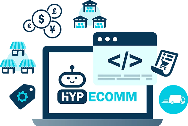Dollar coins, storefronts and a shopping trolley surround a laptop displaying the Brisbane e-commerce solution Hyp-eccom logo.