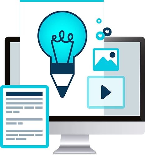 Computer screen with images representing Australian content marketing services, such as a light bulb, pencil, video icon, image icon, and social media react icons.
