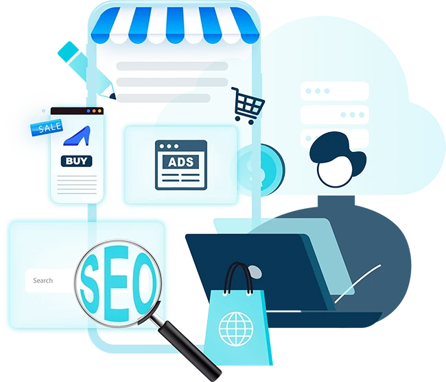 Smart phone respresenting various e-commerce SEO services.