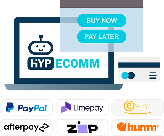 Hyp-ecomm logo shown on a laptop screen next to a credit card and above logos of popular buy now, pay later providers used by e-commerce businesses in Australia.