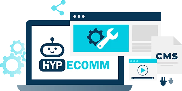 The logo Hyp-ecomm, an e-commerce solution for Australian businesses, shown on a laptop screen next to a virtual screen showing a gear, wrench, video icon, and CMS page.