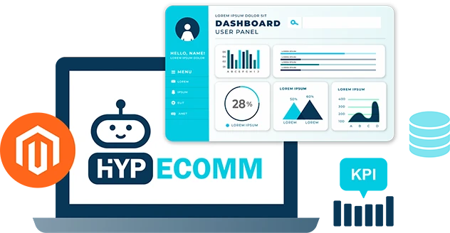 Hyp-ecomm logo shown on a laptop with a virtual screen displaying analytics for an e-commerce business surrounded by a chart and the Magento logo.