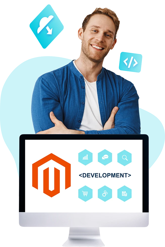 Smiling man standing above a computer with Magento's logo and 