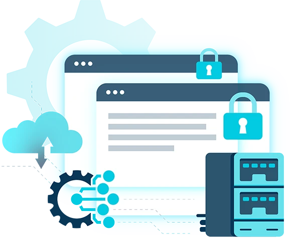 Magento web hosting security represented by two virtural computer screens with padlocks on them next to a computer server and a picture of the cloud.