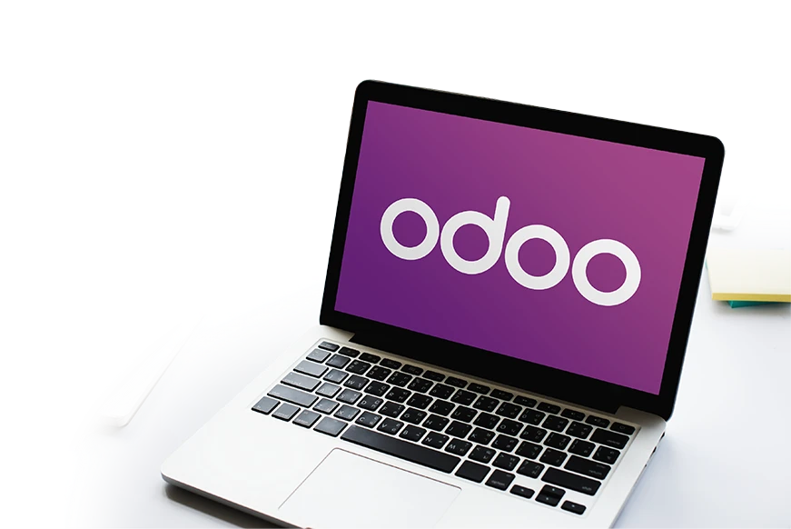 Laptop with Australia Odoo development logo on its screen.