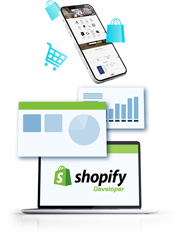 Laptop with Shopify Developer written on screen underneath virtural screens and a phone with e-commerce website on screen.