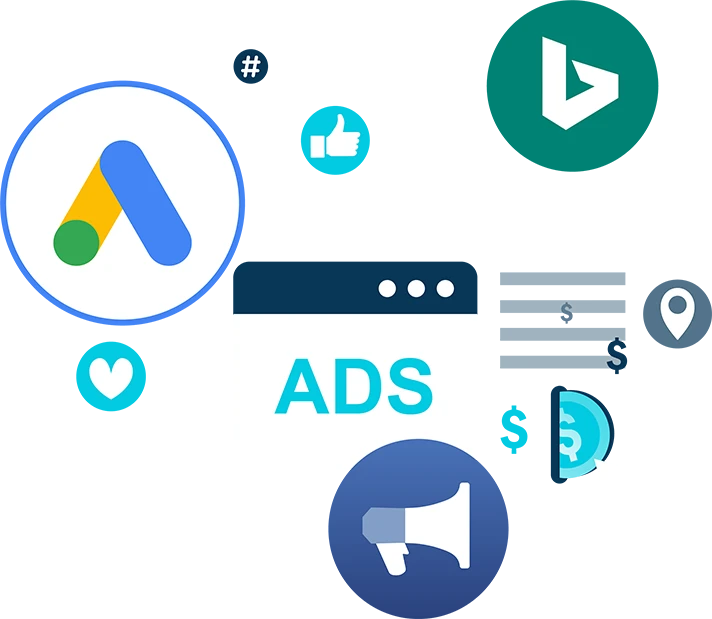 Australian paid advertising icons such as the logo for Google Ads, Bing Ads, dollar signs, and more.