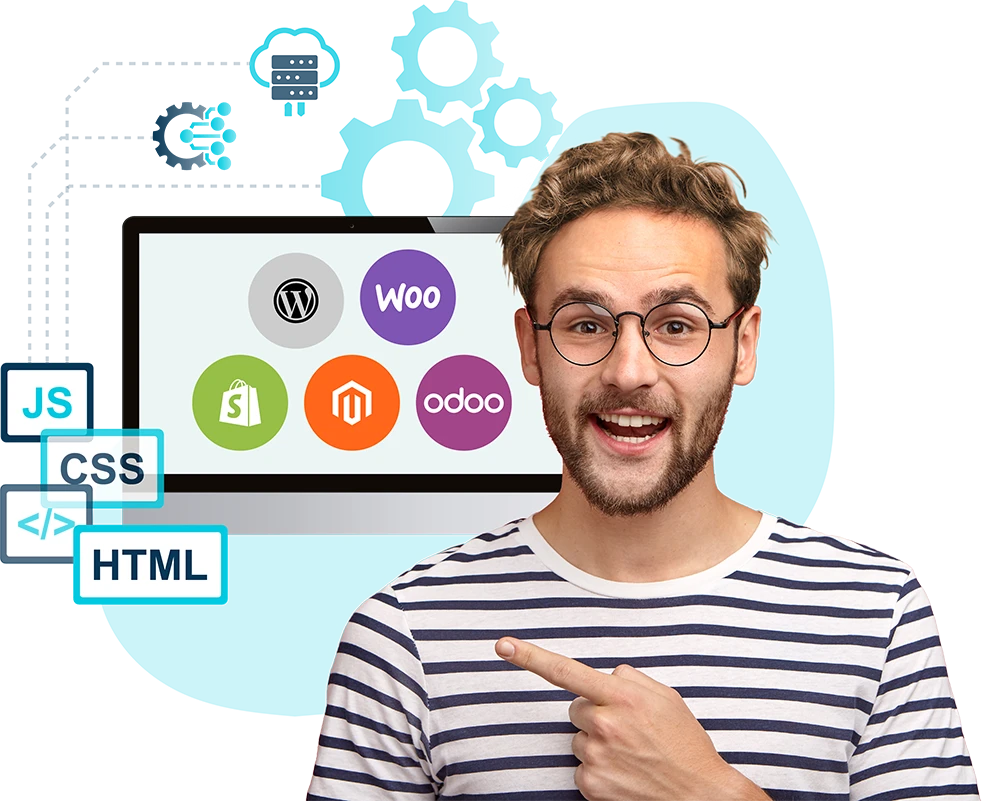Smiling man pointing to a computer screen with Australia web development platforms on screnn.