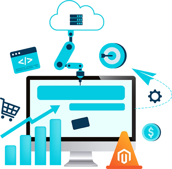 Brisbane Magento development services shown through icons of a computer, a target, the coding symbol, dollar coin, graph, shopping trolley, and more.