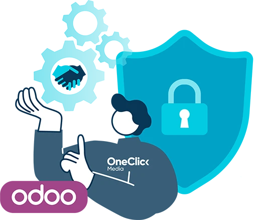 Brisbane Odoo developers holding up icons of gears in front of a large shield with a locked padlock in its centre.