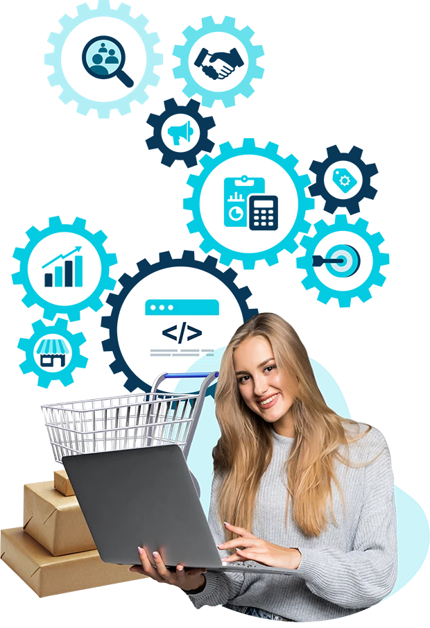 E-commerce expert holding a laptop in front of a shopping trolley and packages and underneath gears with images of various icons inside of them.
