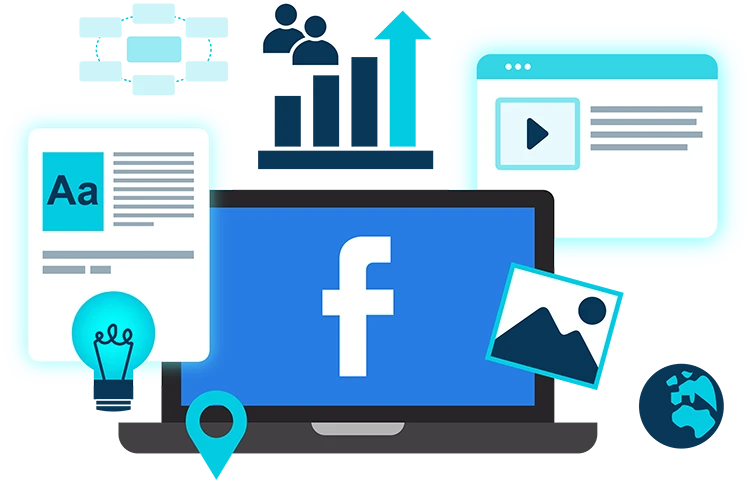 Laptop surrounded by icons representing Facebook management, such as graphs, images, reports, and flow charts.