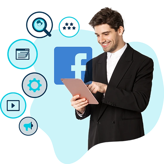 Facebook marketer holding a laptop with icons of a gear, magnifying glass, stars, and more.
