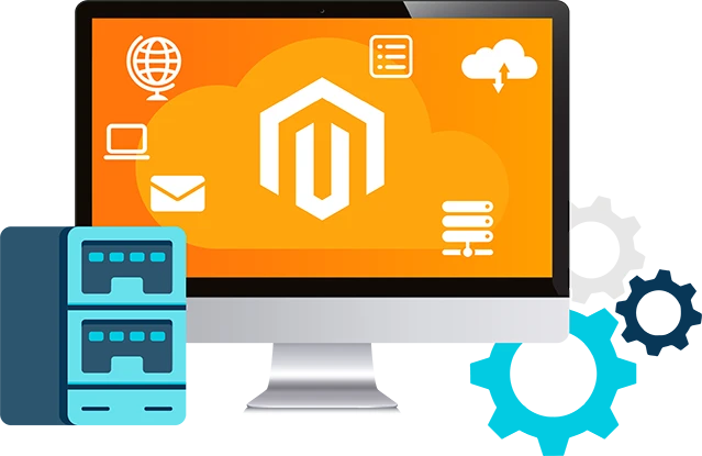 Computer, server, and gears representing Magento hosting.