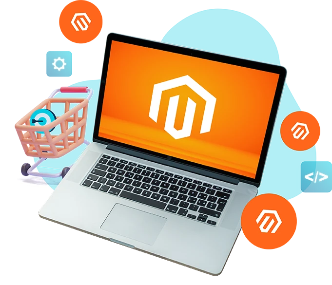 Laptop with Magento icon on its screen with Magento development icons surrounding it, such as a shopping trolley, coding symbol, and gear.