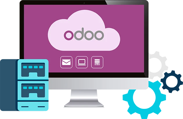 Computer, server, and gears representing Odoo hosting.